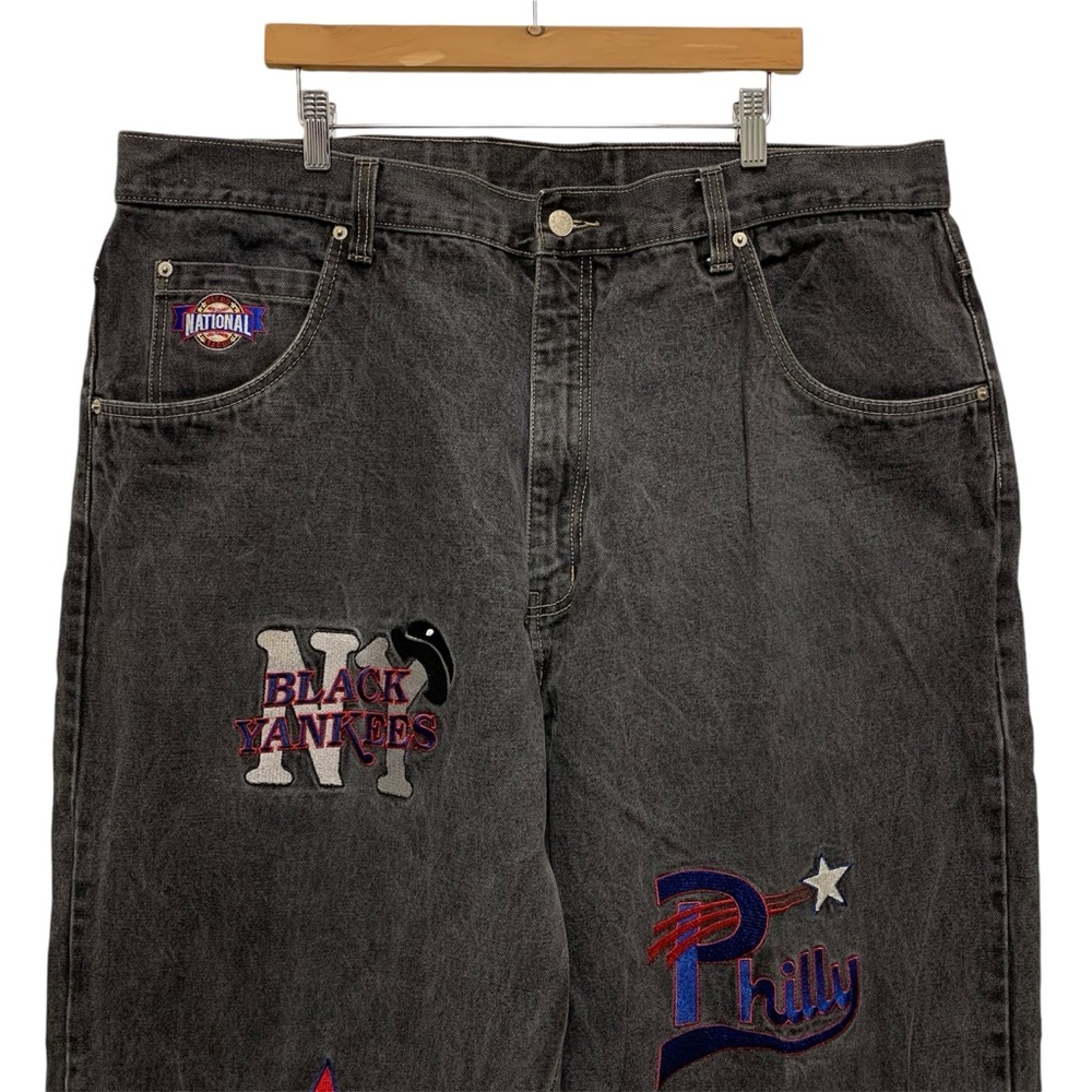 Negro‎ League Baggy Fit Baseball Jeans 44 x 34 Embroidered Patches Black Grey * - Picture 2 of 14